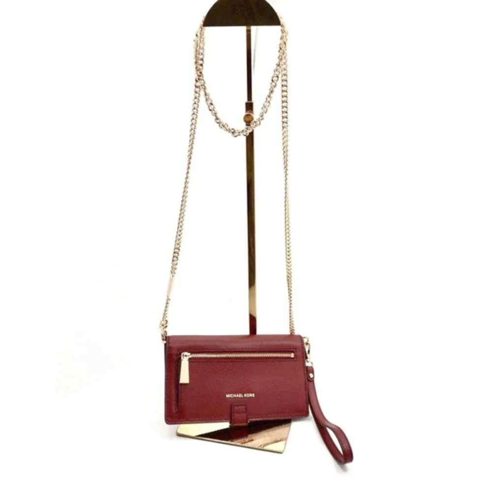 Michael Kors Jet Set Travel‎ Saffiano Leather Crossbody Wallet Red Gold 37-08